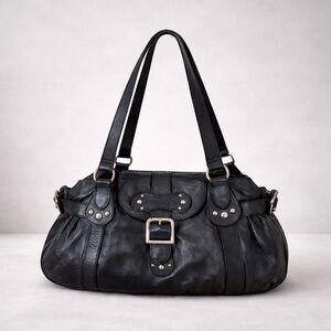Longchamp Vintage Idole Black Leather Studded Buckle Shoulder Bag Y2K